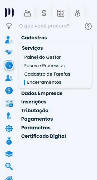 Menu do Sistema Contábil Makro exibindo Serviços e Encerramentos, etapa inicial para reabrir período fiscal e informar saldo de implantação corretamente.