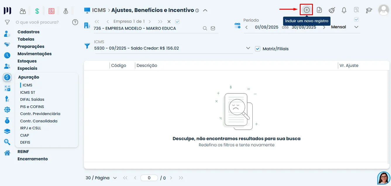 Tela do Sistema Contábil Makro na área de Ajustes, Benefícios e Incentivo do ICMS, com destaque para inclusão de registro de Crédito CIAP na Apuração do ICMS.