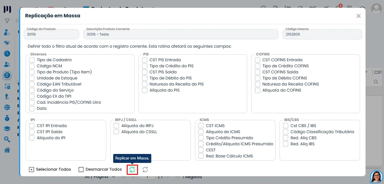 Janela de Replicação em Massa no Sistema Contábil Makro, com opções para replicar NCM, CST, ICMS, PIS e COFINS em vários produtos.