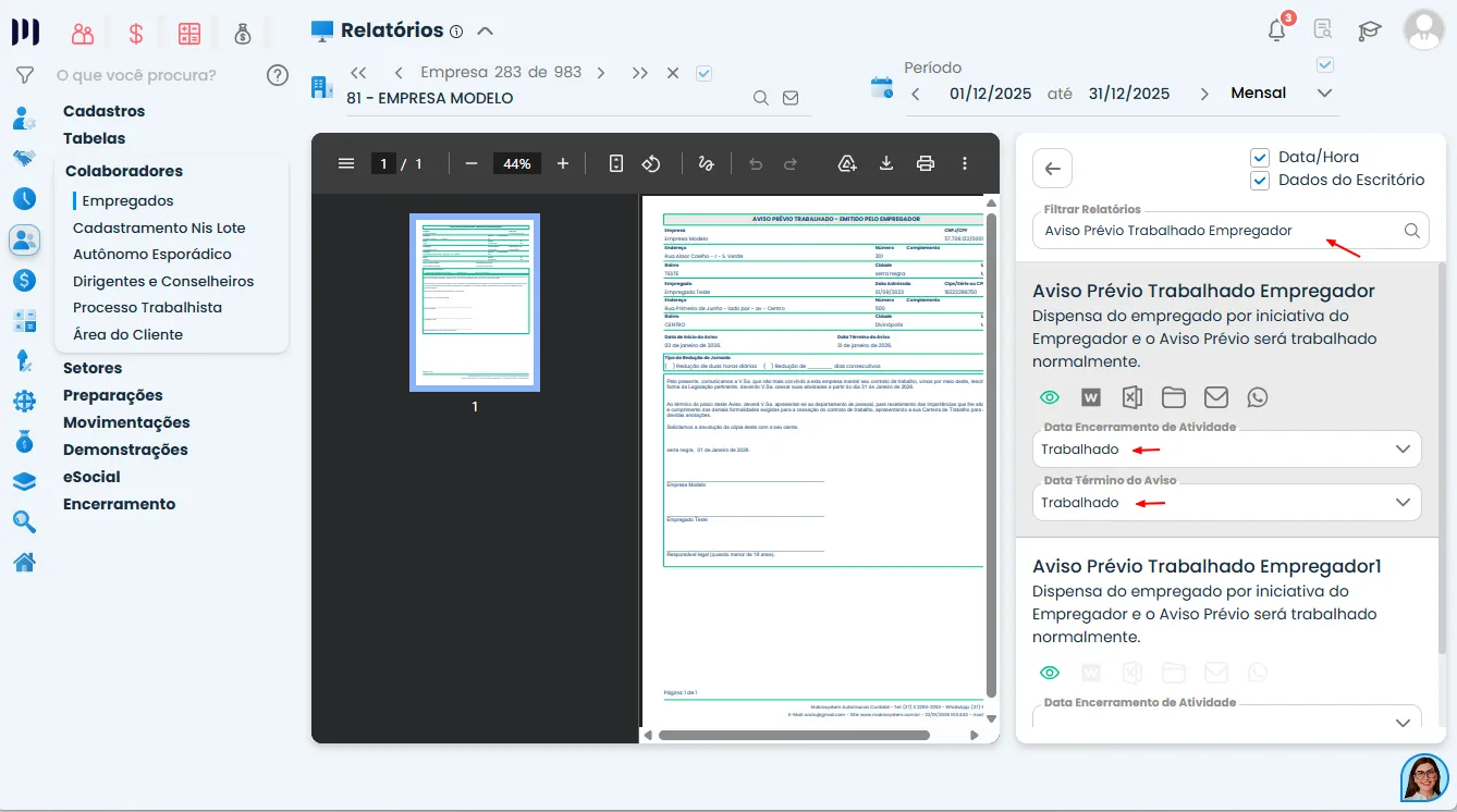 Relatório Aviso Prévio Trabalhado Empregador no Sistema Contábil Makro configurado como aviso projeção como trabalhado.