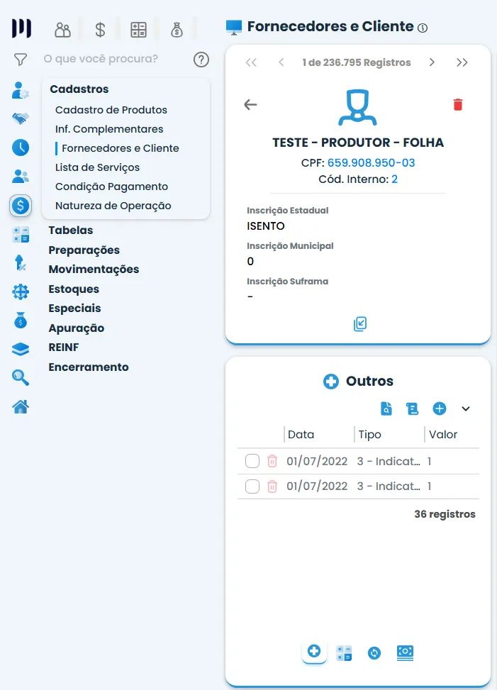 Imagem do Sistema Contábil Makro exibindo o Cadastro de Fornecedores e Clientes, com menu Fiscal aberto, dados cadastrais do fornecedor e painel de informações centrais.