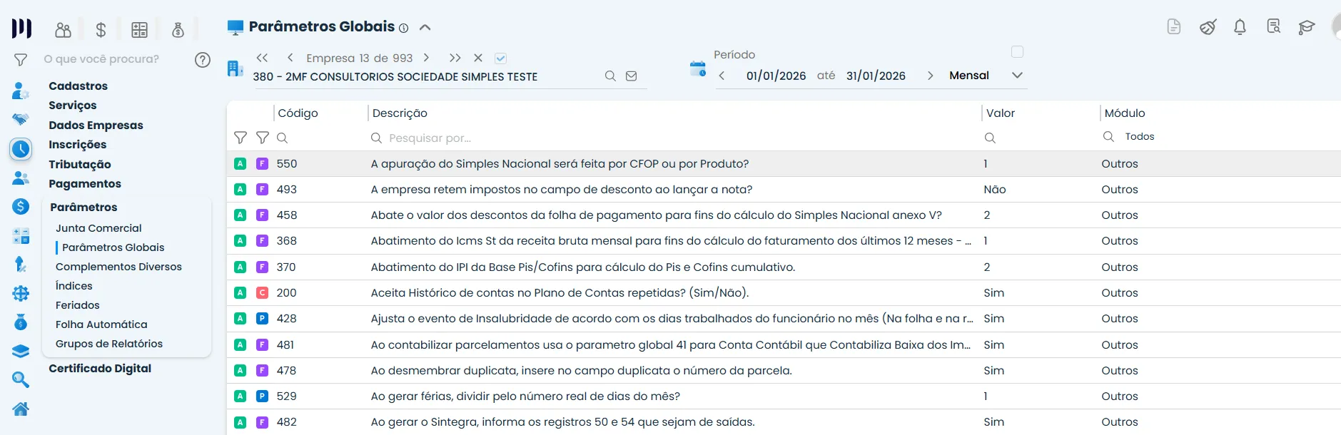 Tela de Parâmetros Globais do Sistema Contábil Makro exibindo o parâmetro 550, onde se define a Apuração do Simples Nacional por CFOP ou cadastro de produtos.