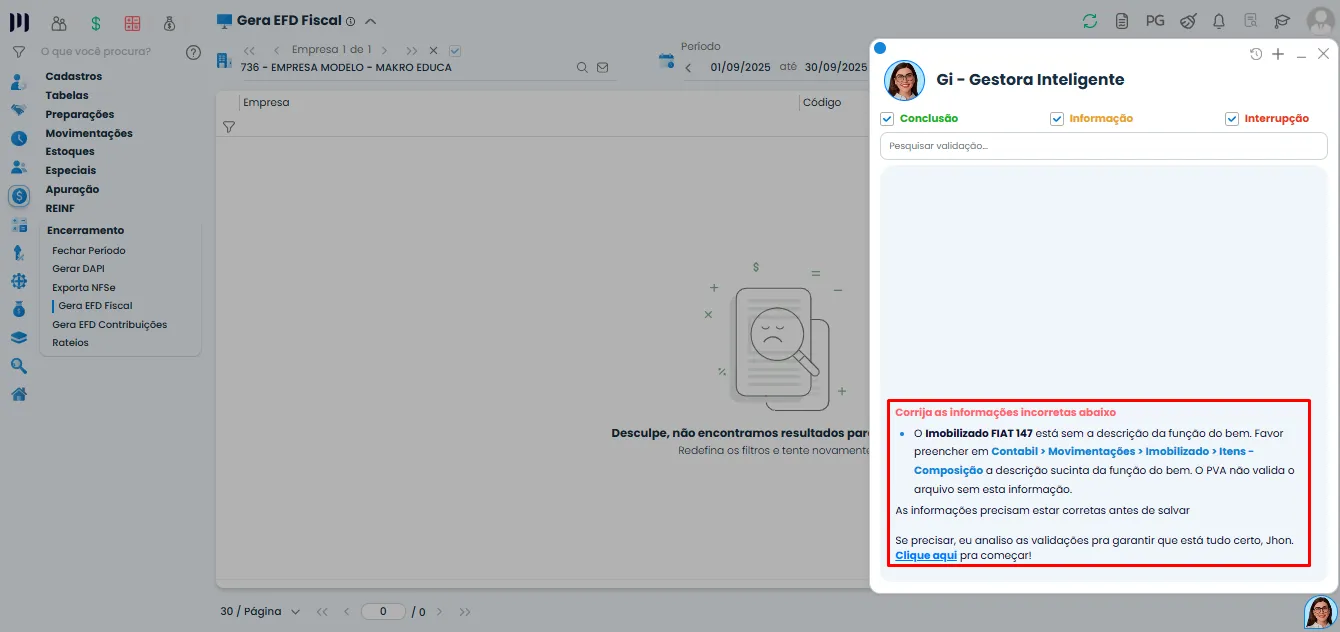 Tela do Sistema Contábil Makro exibindo erro ao gerar EFD Fiscal, indicando imobilizado sem descrição da função do bem e bloqueio de validação no PVA.