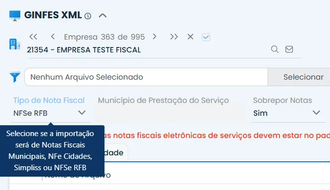 Tela do módulo GINFES XML no Sistema Contábil Makro, exibindo opção NFSe RFB para importação de NFSe de Belo Horizonte, com campo para seleção do arquivo XML