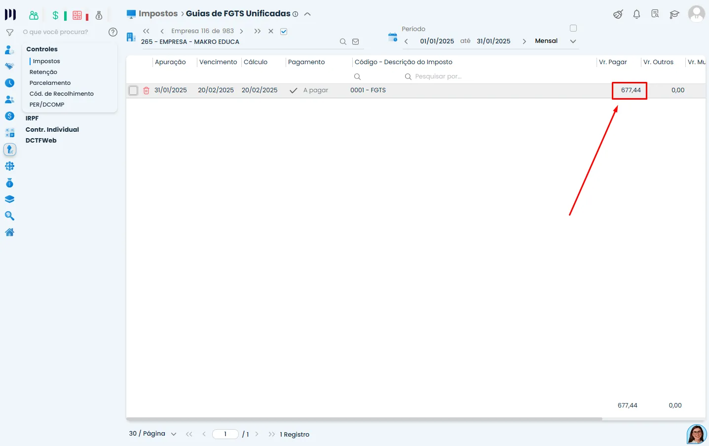 Lista de guias de FGTS Unificadas no Sistema Contábil Makro com valor destacado, ilustrando a diferença entre o valor da guia de FGTS exibido no sistema.