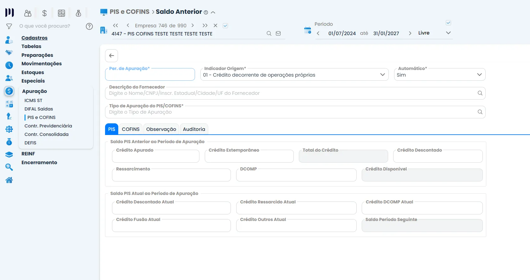Formulário de saldo anterior de PIS e COFINS no Sistema Contábil Makro, utilizado para informar crédito inicial e organizar o saldo de implantação.