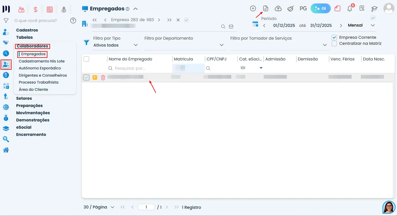 Tela de Empregados no Sistema Contábil Makro acessando relatórios para emitir aviso projeção como trabalhado corretamente.
