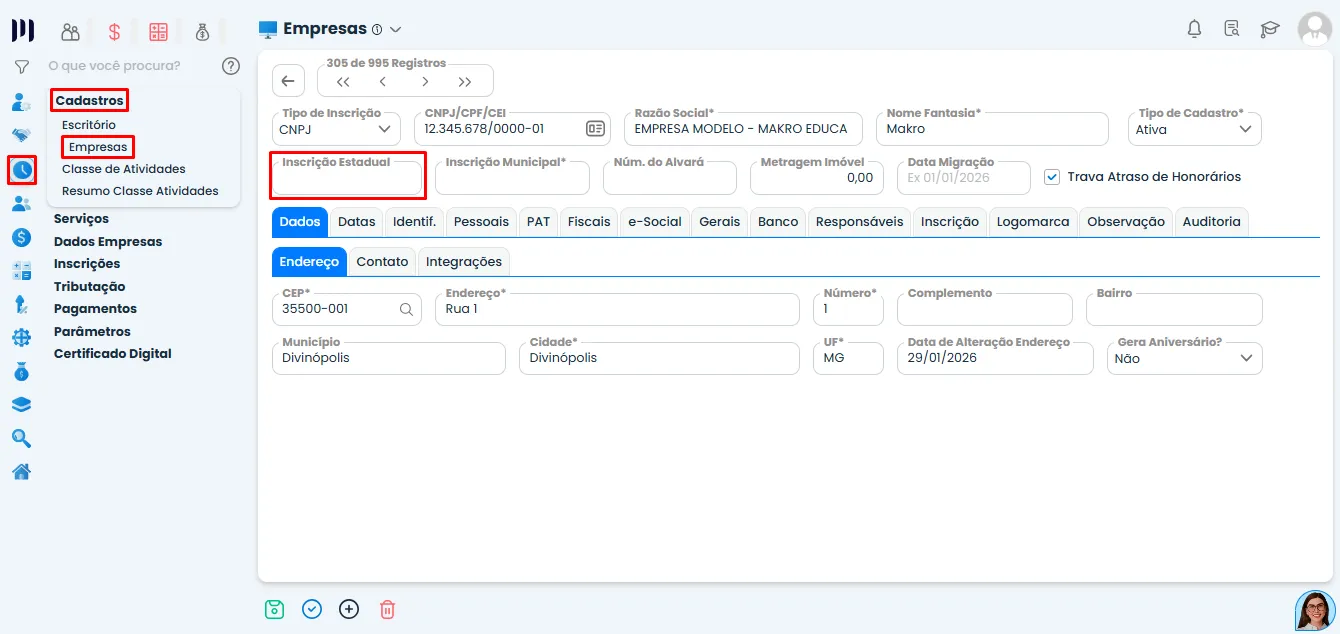 Tela do Sistema Contábil Makro com cadastro da empresa exibindo o campo Inscrição Estadual destacado no menu Cadastros > Empresas para evitar aviso na NF-e
