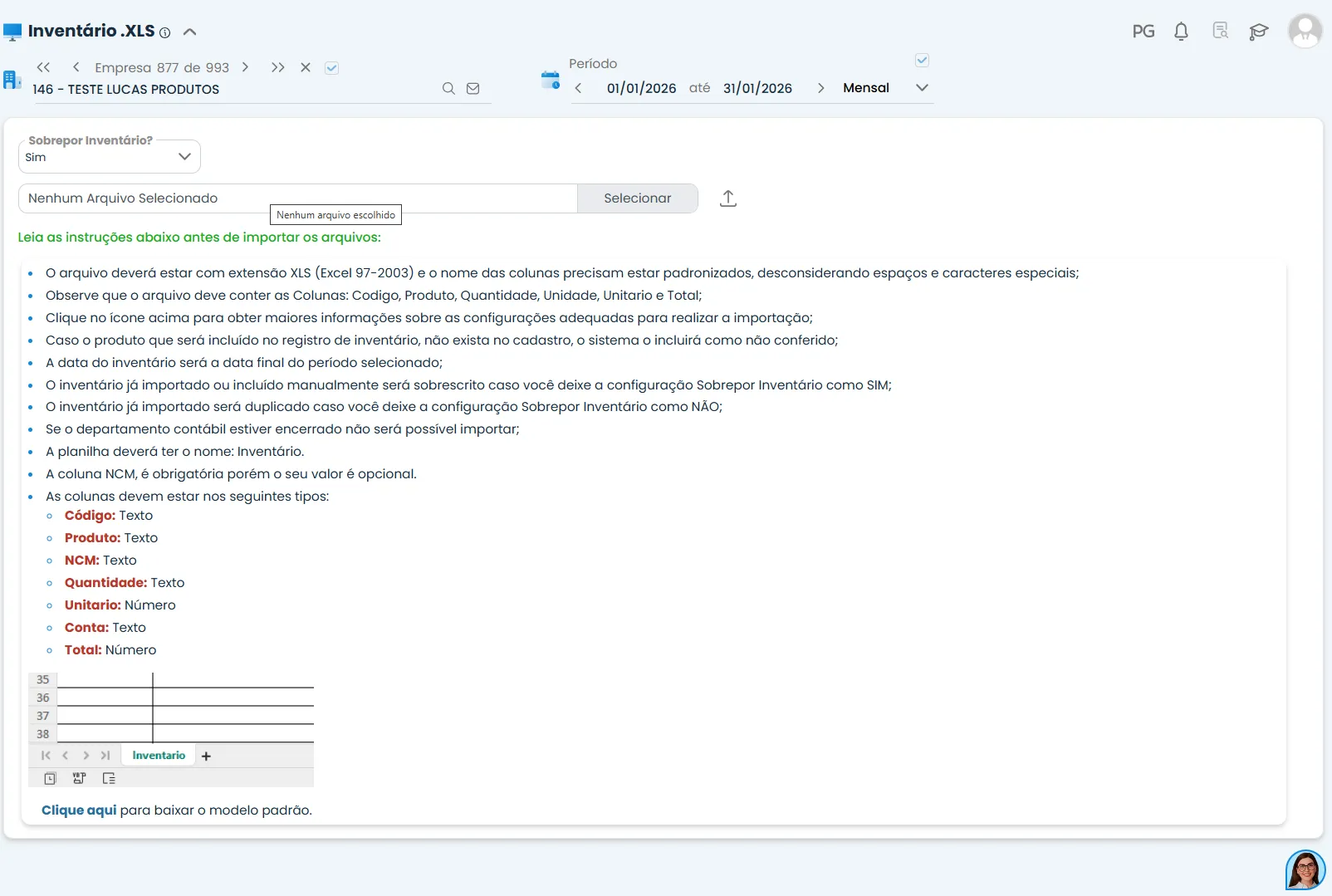 Tela de importação de inventário por planilha no Sistema Contábil Makro, exibindo regras do arquivo XLS, campos obrigatórios e orientações para envio correto.