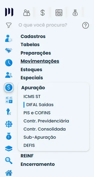 Menu lateral do Sistema Contábil Makro destacando Apuração e DIFAL Saídas, exibindo o caminho para geração do Registro E300 SPED Fiscal na apuração do ICMS