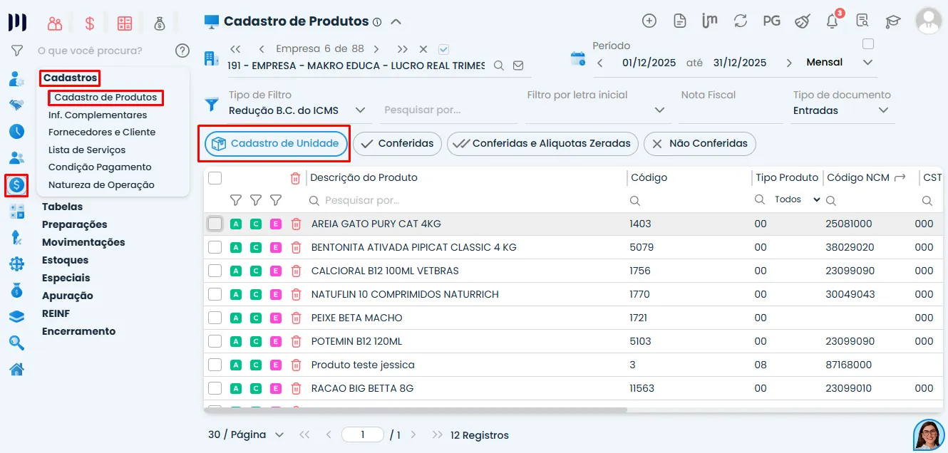 Tela do Sistema Contábil Makro exibindo o caminho Fiscal > Cadastros > Cadastro de Produtos até a opção Cadastro de Unidade, destacada no menu para gestão correta.