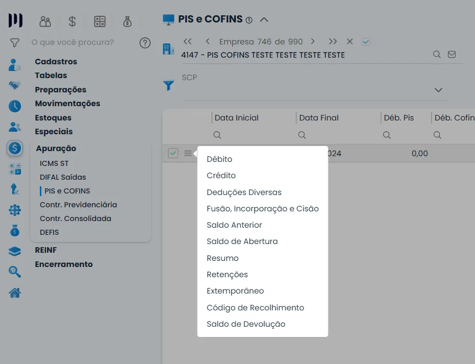 Tela de apuração de PIS e COFINS no Sistema Contábil Makro com opções como saldo anterior, usada para controle e lançamento do saldo de implantação.