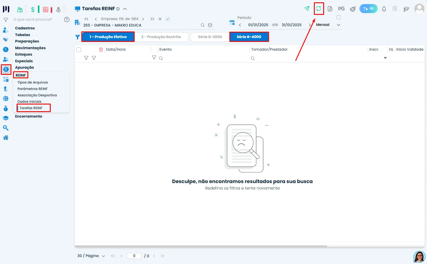 Tela de tarefas REINF no Sistema Contábil Makro com opção de gerar eventos da série R-4000 para Lucros pela REINF.