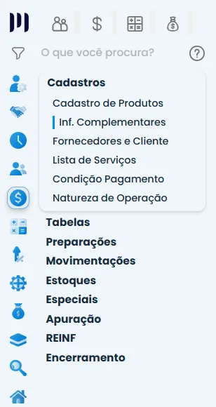 Tela do Sistema Contábil Makro exibindo o menu Cadastros com a opção Inf. Complementares destacada, utilizada para correção de duplicidade e Validação SPED FISCAL.