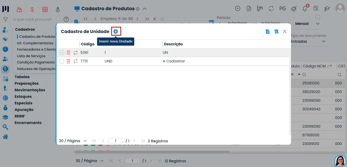 Tela do Sistema Contábil Makro com a lista do Cadastro de Unidade, exibindo códigos, unidades e descrições já cadastradas para controle padronizado de produtos.