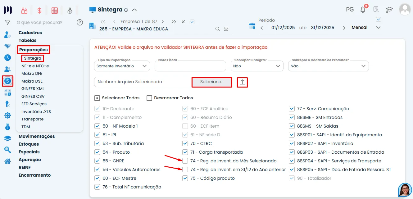 Tela do Sistema Contábil Makro exibindo a importação de Inventário pelo Sintegra, com menu Fiscal, opção Somente Inventário e seleção do Registro 74 destacada