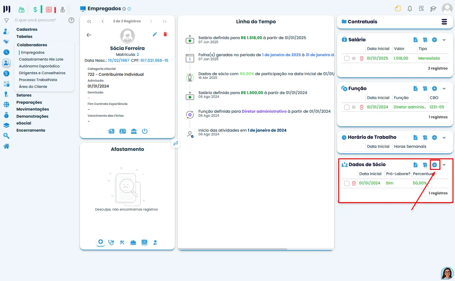 Detalhe do cadastro de dados de sócio no Sistema Contábil Makro com percentual de participação definido, informação essencial para cálculo de Lucros pela REINF.