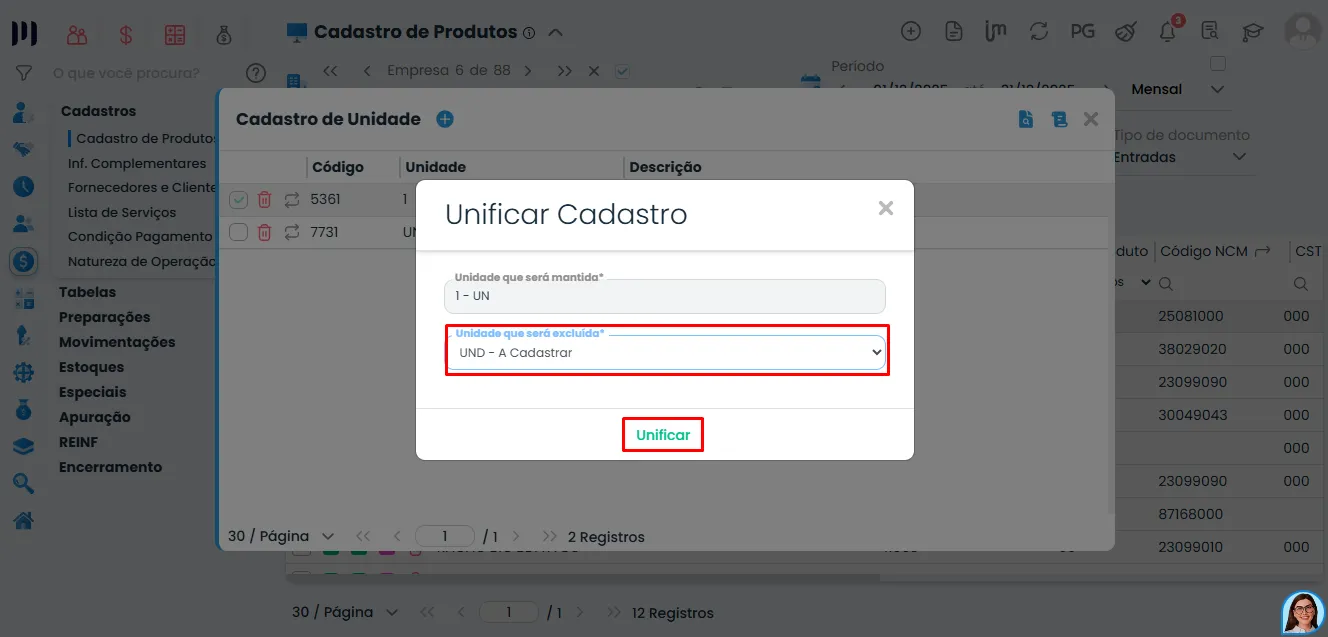 Tela do Sistema Contábil Makro mostrando a função de unificar Cadastro de Unidade, permitindo selecionar a unidade principal e substituir registros duplicados.