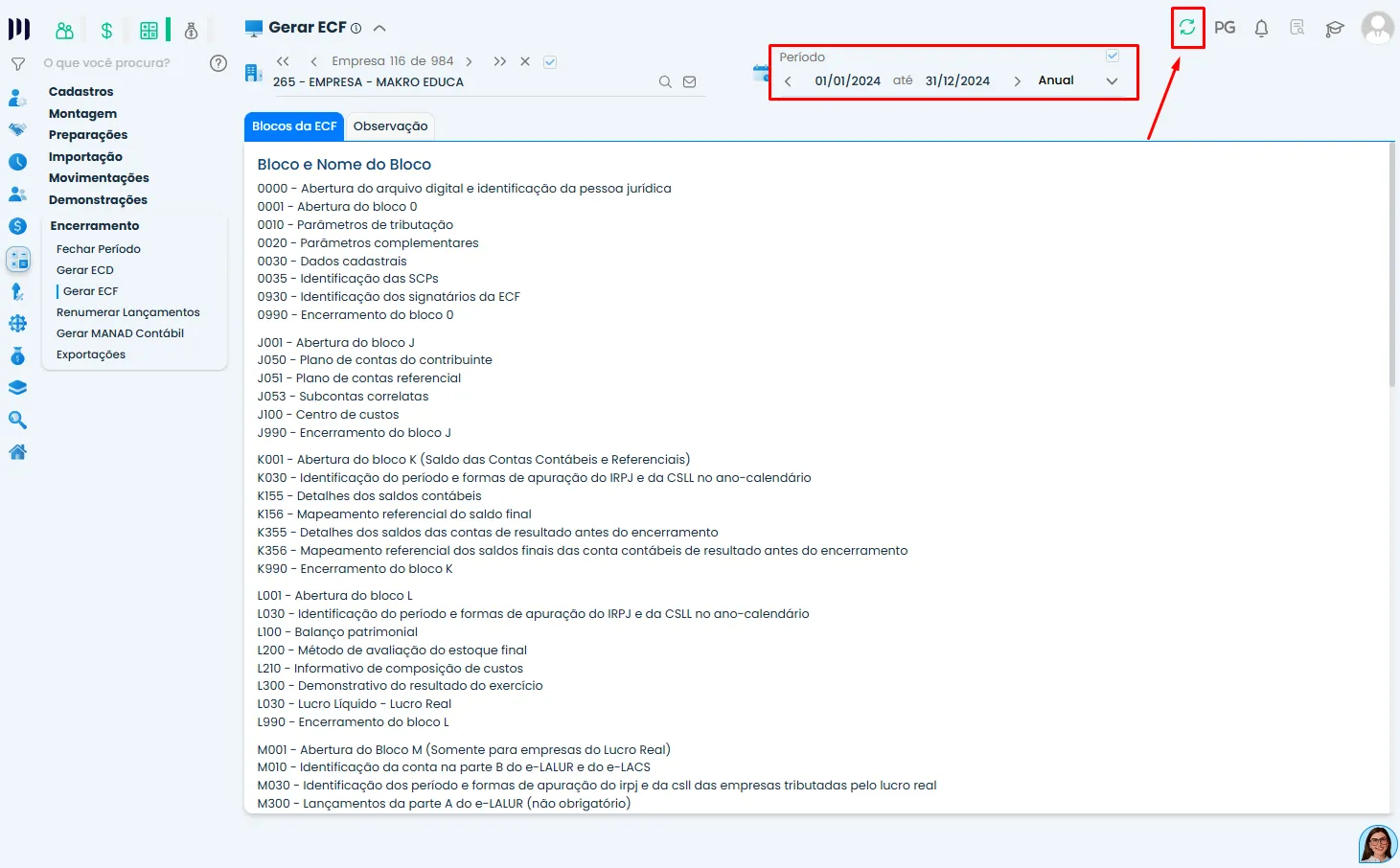 Tela de período anual na geração da ECF no Sistema Contábil Makro para processamento da Escrituração Contábil 2024.