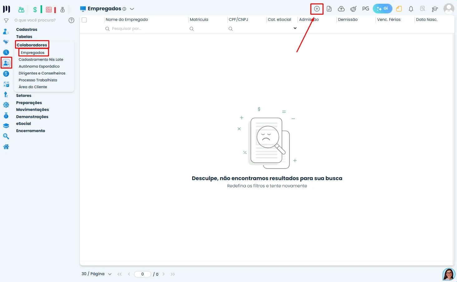 Tela do Sistema Contábil Makro mostrando o cadastro de empregados no módulo Pessoal, etapa inicial para informar sócios e Lucros pela REINF corretamente.